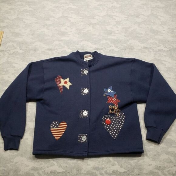 Vintage Brittania Levis Cardigan Womens Large Blue Made USA Fleece Long Sleeve - Picture 1 of 9